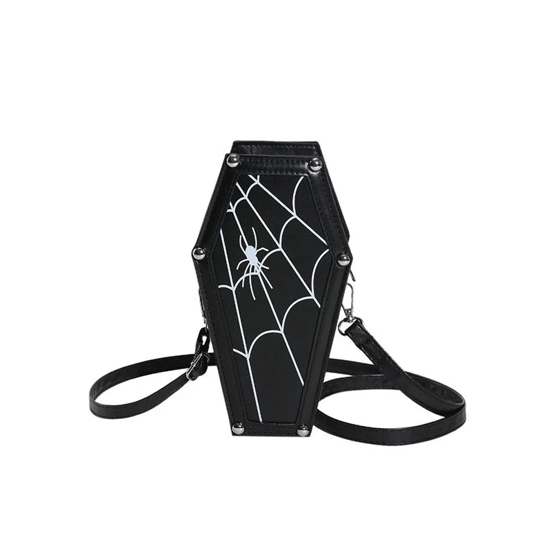 Halloween Coffin-Shape Shoulder Bag Gothic Ghost Spider Web Messenger Crossbody Bag Kids Personality Phone Bag for Women